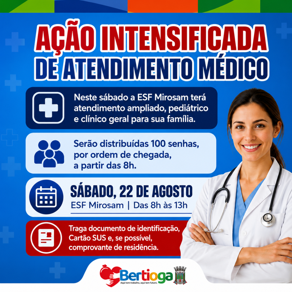 Neste sábado (22), a ESF Mirosan realiza uma Ação Intensificada de Atendimento Médico